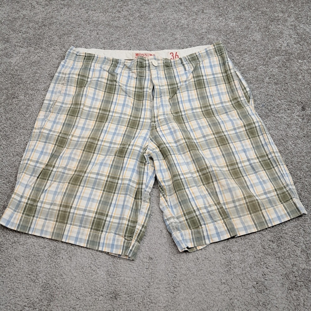 Mossimo Supply Co Mens Plaid Flat Front Cotton Shorts Green Blue Tan Size 36